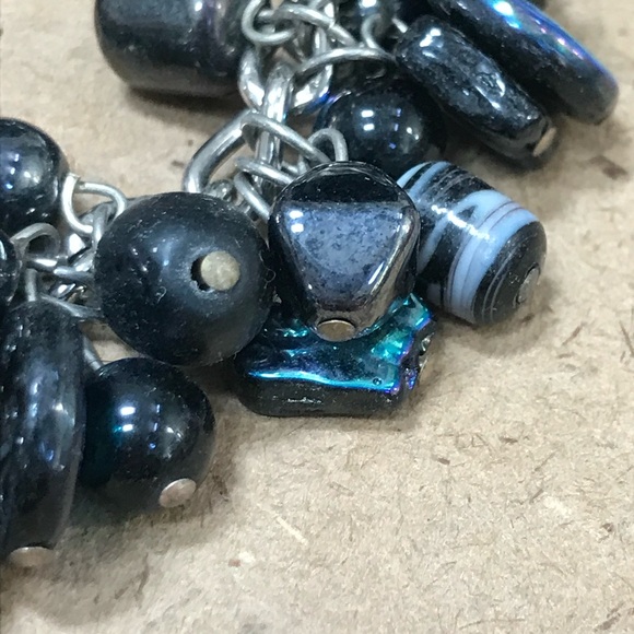 Black Blue Glass Beaded Bracelet Large Chunky Kinetic Statement iridescent charm - Picture 3 of 10